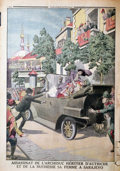 De moord op aartshertog Franz Ferdinand van Oostenrijk en zijn vrouw, hertogin Sophia, door Gavrilo Princip in Sarajevo, 28 juni 1914, uit Le Petit Journal door French School