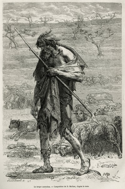 De Australische herder, gegraveerd naar een tekening van D.Maillart, ter illustratie van het verhaal zes maanden in Australië, door Desire Charnay, een missieopdracht door het Ministerie van Openbaar Onderwijs, in 1878, gepubliceerd in le tour du monde, on door French School