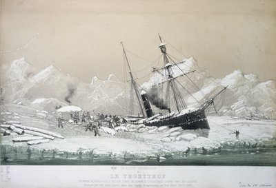 De Oostenrijkse schroefstoomboot Tegetthof vast in het ijs en aangevallen door ijsberen tijdens de ontdekkingsreis naar de Noordpool 1872-4 door French School