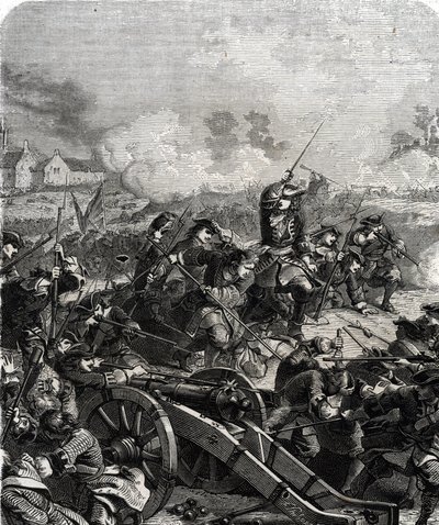 De Slag bij Landen of Neerwinden werd uitgevochten in het huidige België op 29 juli 1693 tijdens de Negenjarige Oorlog (gravure) door French School