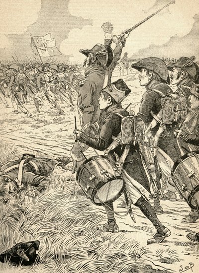De Slag bij Marengo, Italië in 1800, gevochten tussen de Franse troepen onder Napoleon Bonaparte en de Oostenrijkers. Uit Agenda Buvard du Bon Marche gepubliceerd in 1917. door French School