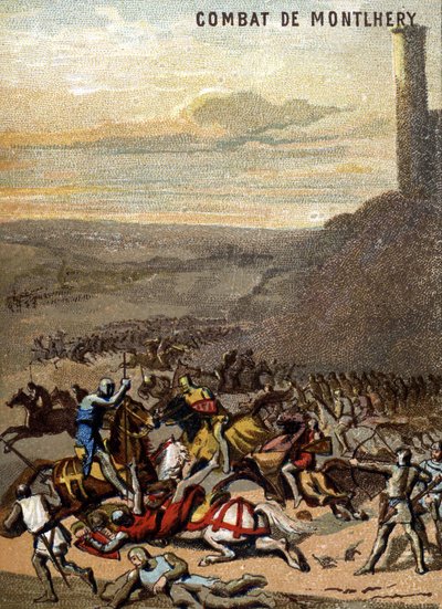 De Slag bij Montlhery (1227): De koninkrijken en de feodaliteit - Blanche de Castille, regentes van haar zoon Lodewijk IX, onderdrukt de opstand van de grote feodalen. Chromolithografie van de serie 