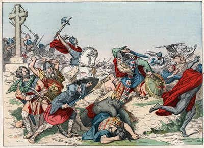 De Slag bij Poitiers op 25 oktober 732 gewonnen door Karel Martel - Gravure uit het einde van de 19e eeuw in 