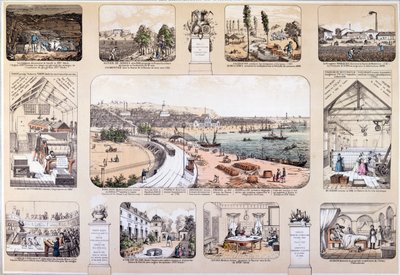 De weldoeners van de mensheid, plaat die grote uitvindingen afbeeldt, tweede helft van de 19e eeuw (kleurgravure) door French School