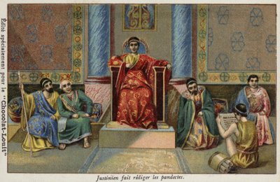 De Byzantijnse Keizer Justinianus I dicteert de Pandecten, 6e eeuw door French School