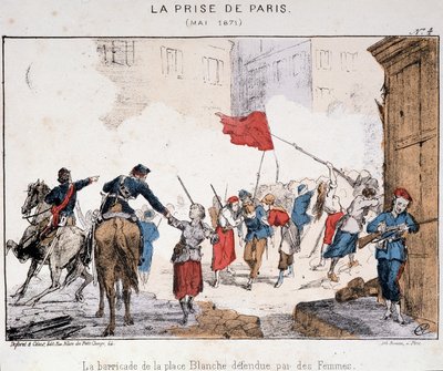 De inname van Parijs in mei 1871: de barricade van Place Blanche verdedigd door vrouwen door French School