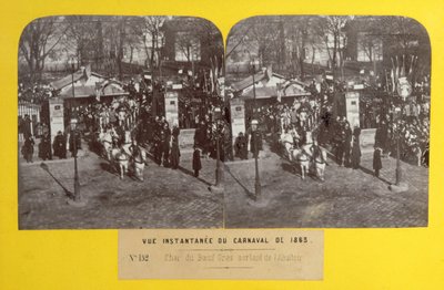 Het Carnaval van 1863 in Parijs, de vetoswagen verlaat het slachthuis, stereoscopisch beeld, 1863 door French School