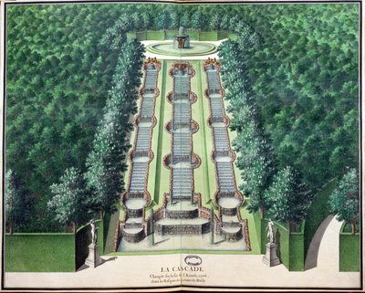 De waterval, aangepast eind 1706, in het bos op de heuvel, uit Tuinen van Marly, begin 18e eeuw door French School