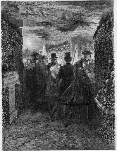 De Catacomben van Parijs in 1865: Een bezoek aan de galerijen van het Ossuarium door French School