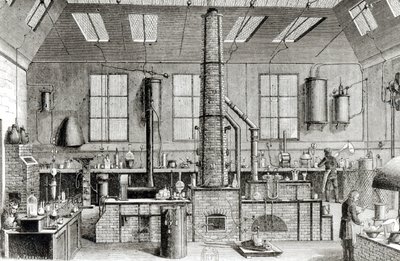 Het scheikundelaboratorium van een school in Parijs, uit Almanach du Magasin Pittoresque, 1870 door French School
