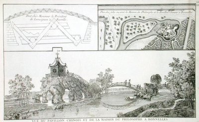 Het Chinese paviljoen en het Huis van Filosofie in het Parc de Bonnelles, nabij Parijs, uit 