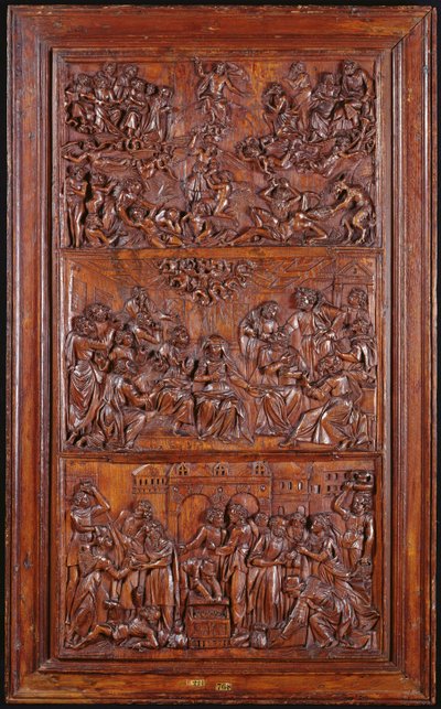 Het Credo, Paneel III: Het Laatste Oordeel, Pinksteren en de Gemeenschap der Heiligen, 1587 (hout) door French School