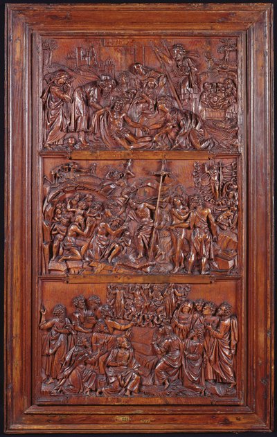 Het Credo, Paneel II: Kruisafneming, Graflegging, Opstanding en Nederdaling in de Hel en Hemelvaart, 1587 (hout) door French School