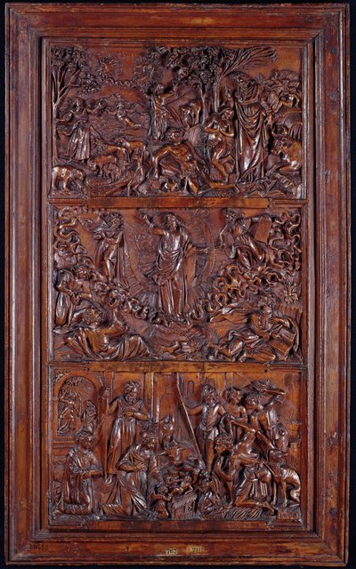 Het Credo, Paneel I: De Schepping van de Wereld, Transfiguratie, Annunciatie en Geboorte, 1587 (hout) door French School