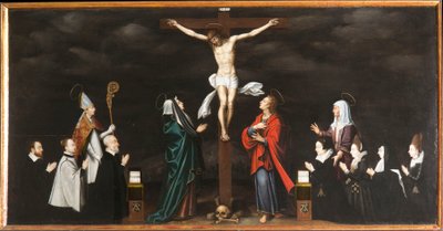 De kruisiging, portretten van schenkers. Drieluik van Aubery door French School