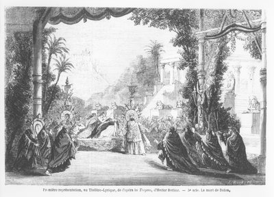 De dood van Dido, eerste uitvoering van Les Troyens door Hector Berlioz (1803-69) in Theatre Lyrique, Parijs, uit Le Monde Illustre, 14 november 1863 door French School