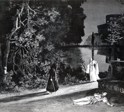 De dood van Pelleas, Acte IV, Scene 4 van Pelleas et Melisande door Debussy, van een foto van de eerste productie in april 1902 van de opera in de Opera-Comique in Parijs, illustratie in Theatre magazine door French School