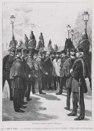 De delegatie van de vakbonden bij Pont de la Concorde tijdens de demonstratie voor 1 mei in Parijs, 1 mei 1890, gegraveerd door L. Moulignie door French School