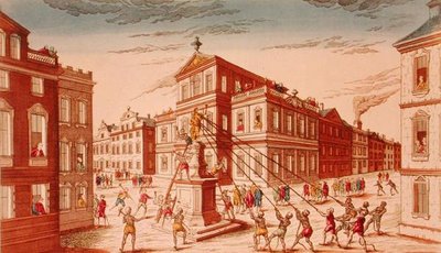 De vernietiging van het koninklijke standbeeld in New York, begin van de Onafhankelijkheidsoorlog door French School