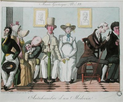 De Wachtkamer van de Dokter (gekleurde gravure) door French School