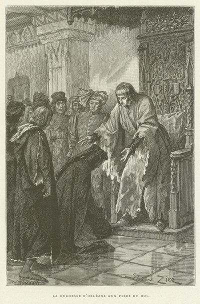 De hertogin van Orléans aan de voeten van de koning door French School