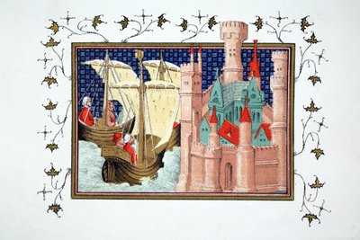De hertog van Salisbury arriveert bij Conway Castle vanuit Ierland, facsimile kopie uit Le Prinse et Mort du Roy Richart door Jean Creton, herdrukt 19e eeuw door French School