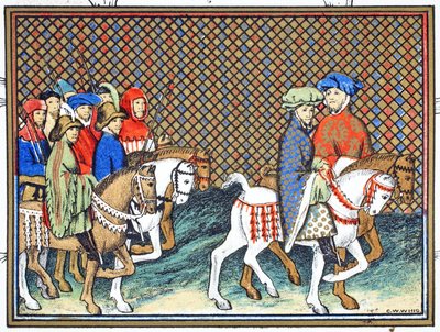 De hertogen van Exeter en Surrey gestuurd door Richard II van Conway Castle naar Chester om te onderhandelen met de hertog van Lancaster, facsimile kopie uit Le Prinse et Mort du Roy Richart door Jean Creton, herdrukt 19e eeuw door French School