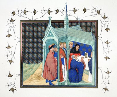 De graaf van Northumberland bij de Hoogmis in de kapel van Conway Castle legt zijn verraderlijke en fatale eed af, facsimile kopie uit Le Prinse et Mort du Roy Richart door Jean Creton, herdrukt 19e eeuw door French School