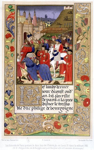 De schepenen van Parijs dragen de baldakijn wanneer koning Lodewijk XI de stad binnenkomt in 1461 (NB: Filips de Goede, hertog van Bourgondië, had Parijs verlaten om de vorst te ontmoeten). door French School