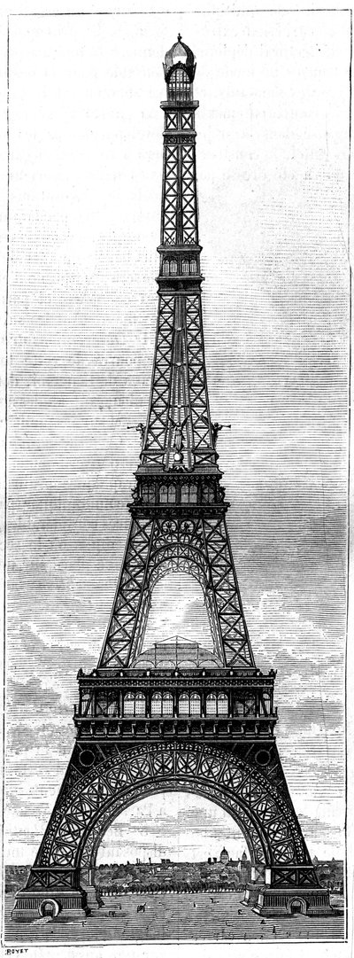 De Eiffeltoren, 300 meter hoge toren voor de Wereldtentoonstelling van 1889 in Parijs, door ingenieur en industrieel Gustave Eiffel. Gravure in 