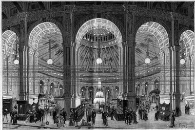 De Elektriciteitstentoonstelling in Wenen (Oostenrijk), een overzicht van de grote rotonde verlicht door elektrisch licht. Gravure in "La Nature. Revue des sciences et de ses applications aux arts et à l