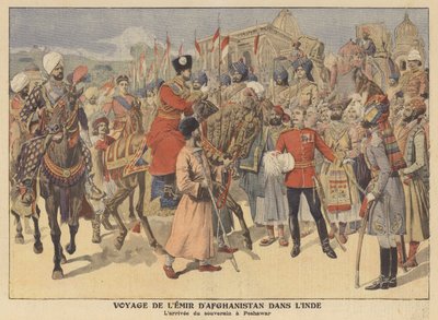 De emir van Afghanistan komt aan in Peshawar op bezoek in India (kleurenlitho) door French School