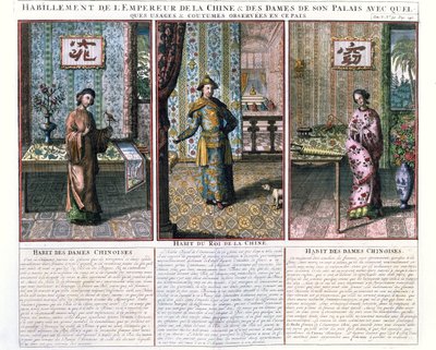 De keizer van China en twee adellijke vrouwen, illustratie uit een herdruk van China Monumentis door Athanasius Kircher (1601-80) door French School