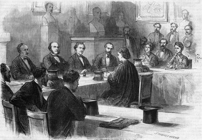 De Engelse Elizabeth Garrett Anderson (1836-1917) presenteerde haar proefschrift voor de jury van de Faculteit Geneeskunde van Parijs in 1870. Ze werd de eerste vrouwelijke arts. Gravure door Godefroy Durand in 