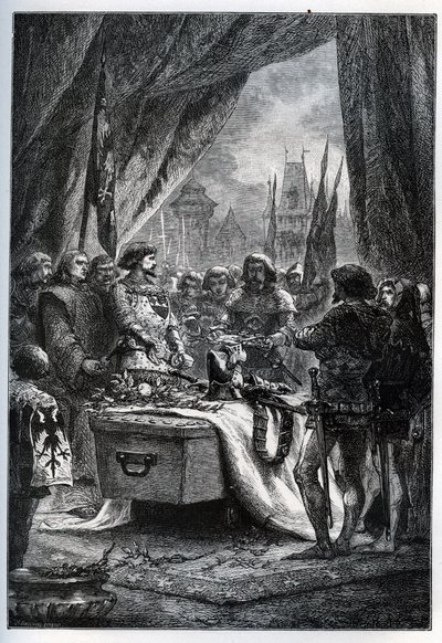 De Engelse gouverneur van Chateauneuf de Randon gaf zich over en legde de sleutels van het plein op de kist van Bertrand du Guesclin (1320-1380), op 13 juli 1380 voor wie de stad werd belegerd. door French School