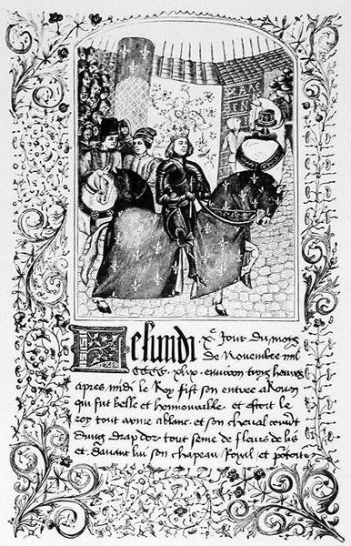 De Intocht van Karel VII (1403-61) in Rouen in 1450, uit een manuscript met het verslag van de Honderdjarige Oorlog, illustratie uit Wetenschap en Literatuur in de Middeleeuwen en de Renaissance, geschreven en gegraveerd door Paul Lacroix, 1878 door French School