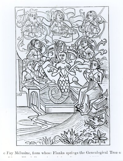 De fee Melusine, uit wiens flanken de genealogische boom van koningen en keizers ontspringt, illustratie uit Wetenschap en Literatuur in de Middeleeuwen en Renaissance, geschreven en gegraveerd door Paul Lacroix door French School