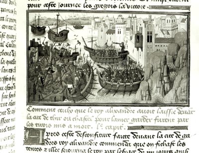 De eerste aanval op Tyrus, uit de Histoire du Grand Alexandre 1460 door French School