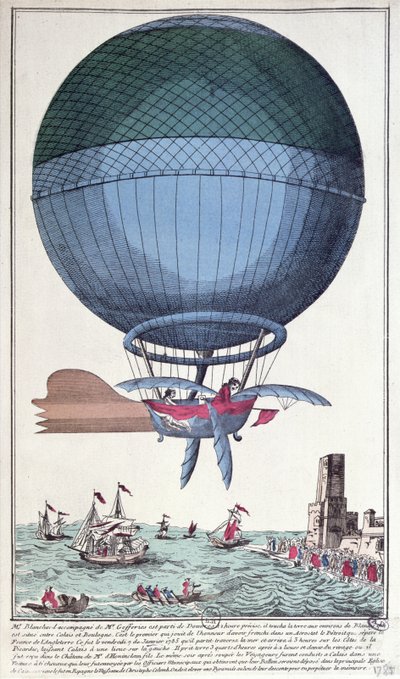 De eerste Kanaaloversteek door de lucht van Jean Pierre Francois Blanchard en John Jeffries, 1785 door French School