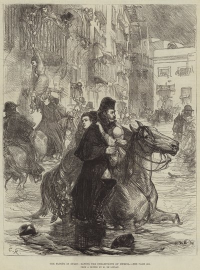 De Overstromingen in Spanje, het redden van de inwoners van Murcia (gravure) door French School