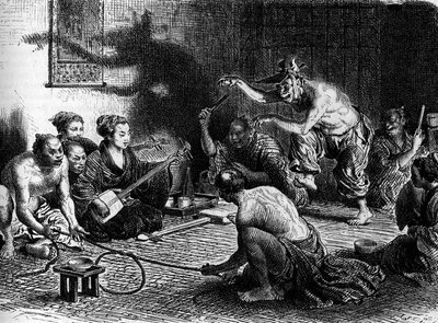 De vossenjacht in Japan. Gravure in 