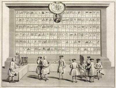 De Vrijmetselaars, met tekens voor de verschillende loges, uit De Ceremonies van Religie en Gewoonte, c.1733 door French School