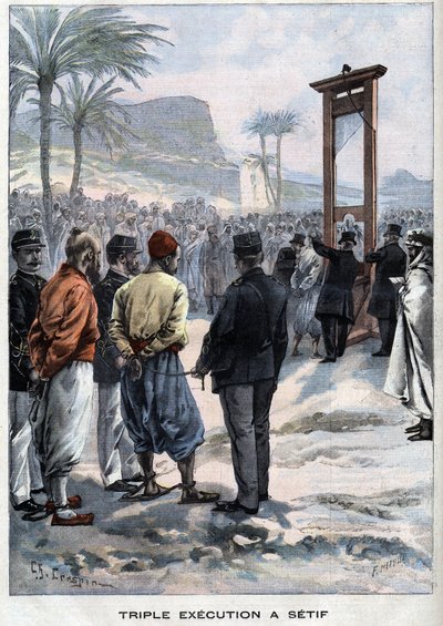 De Franse guillotine drie rebellen in Setif in Algerije - in 