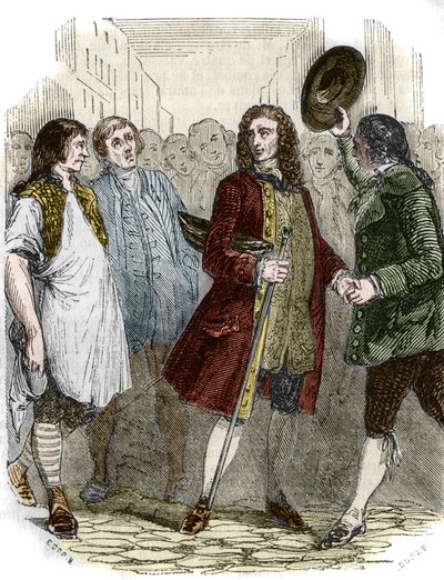De Franse schrijver en filosoof Francois-Marie Arouet, genaamd Voltaire (1694-1778) keert terug naar Frankrijk na zijn ballingschap. Gravure uit de 19e eeuw door French School