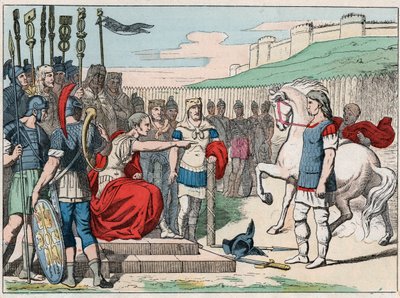 De Gallische chef Vercingetorix (80-46 v.Chr.) gaat naar Julius Caesar (100-44 v.Chr.) in Alesia in 52 v.Chr. - Gravure van het einde van de 19e eeuw in 
