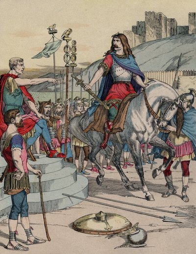 De Gallische leider Vercingetorix (72-46 v.Chr.) geeft zich over aan de Romeinse leider Julius Caesar (100-44 v.Chr.) na de slag bij Alesia in 52 v.Chr. door French School