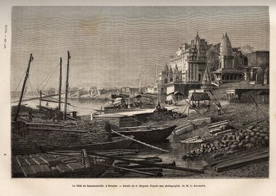 De Ghat de Benares (het huidige Vanarasi) (ghat duidt op de trappen die de oevers van de rivieren en de oevers van de bassins en reservoirs bedekken die het mogelijk maken om in contact te komen met water), gegraveerd naar de tekening van G. Moynet, illust door French School