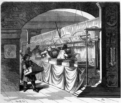 De Gobelin-fabriek. Interieur van de werkplaats. Gravure 19e eeuw door French School