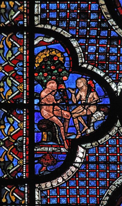 Het raam van de barmhartige Samaritaan: Adam en Eva onder de Boom van Kennis van Goed en Kwaad door French School