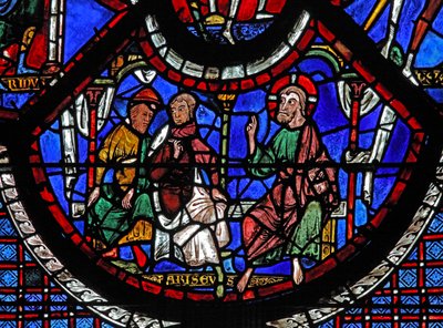 Het raam van de barmhartige Samaritaan: Christus vertelt de gelijkenis van de barmhartige Samaritaan door French School